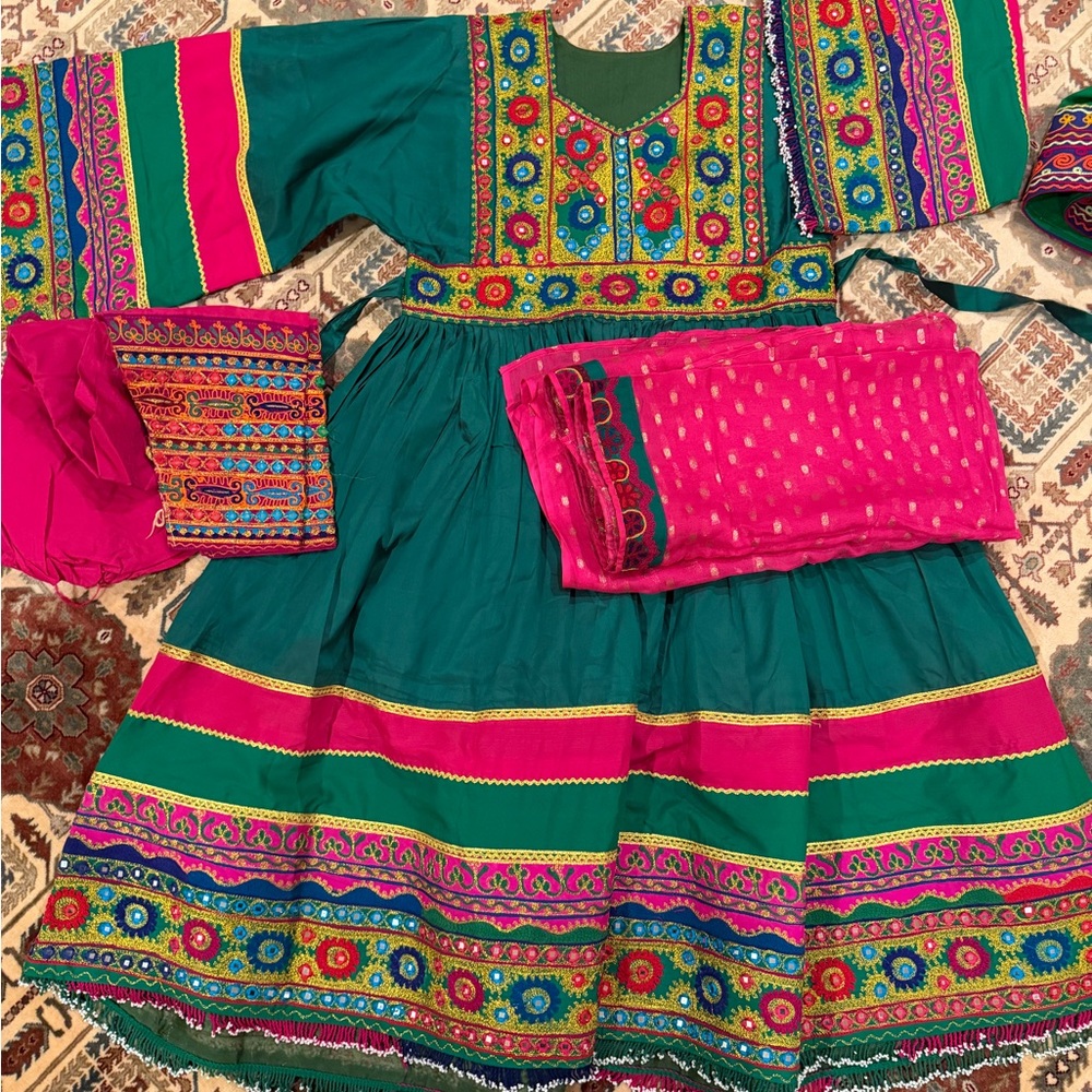 Green Colorful Traditional Afghan Dress
